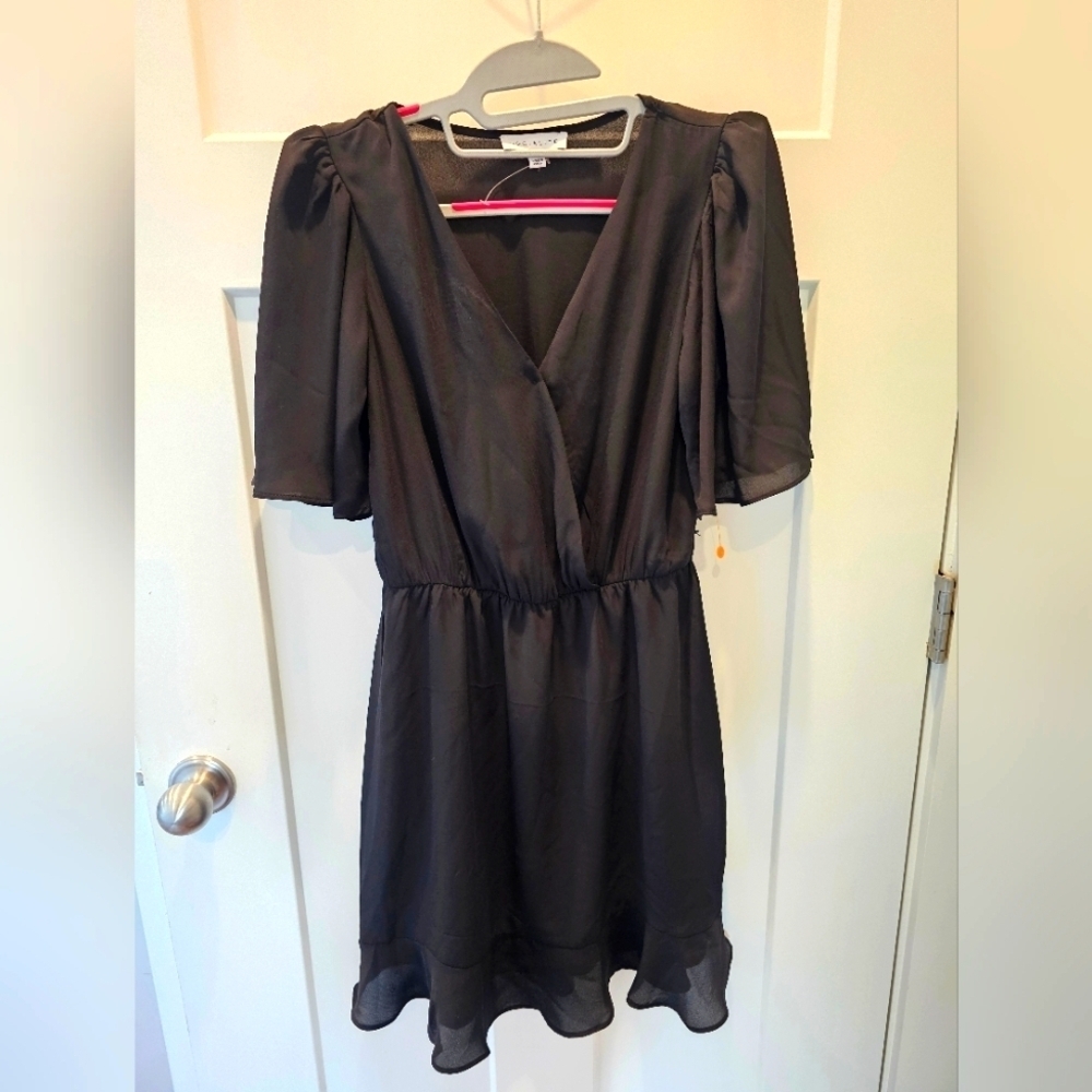Socialite Women’s Small Black Mini Dress Flutter Sleeve Wrap V-Neck Ruffle Hem